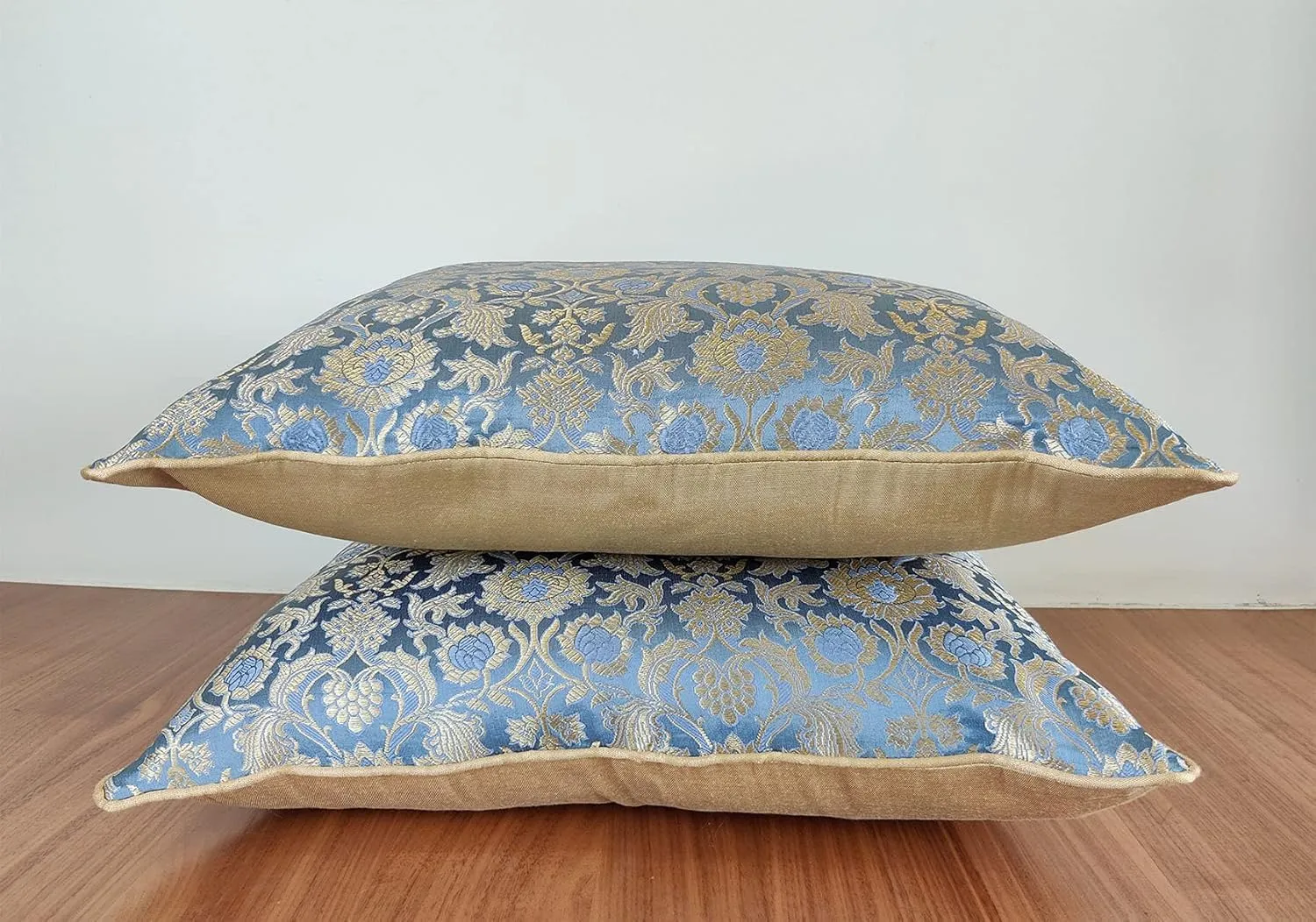 AVKA Studio Craftbot Bluish Grey Throw Pillow Covers - Pack of 2 Faux Silk Damask Decorative Pillows - 16X16 Inch - Indian Jacquard Cushion Cover - Cover Only