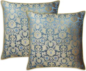 AVKA Studio Craftbot Bluish Grey Throw Pillow Covers - Pack of 2 Faux Silk Damask Decorative Pillows - 16X16 Inch - Indian Jacquard Cushion Cover - Cover Only