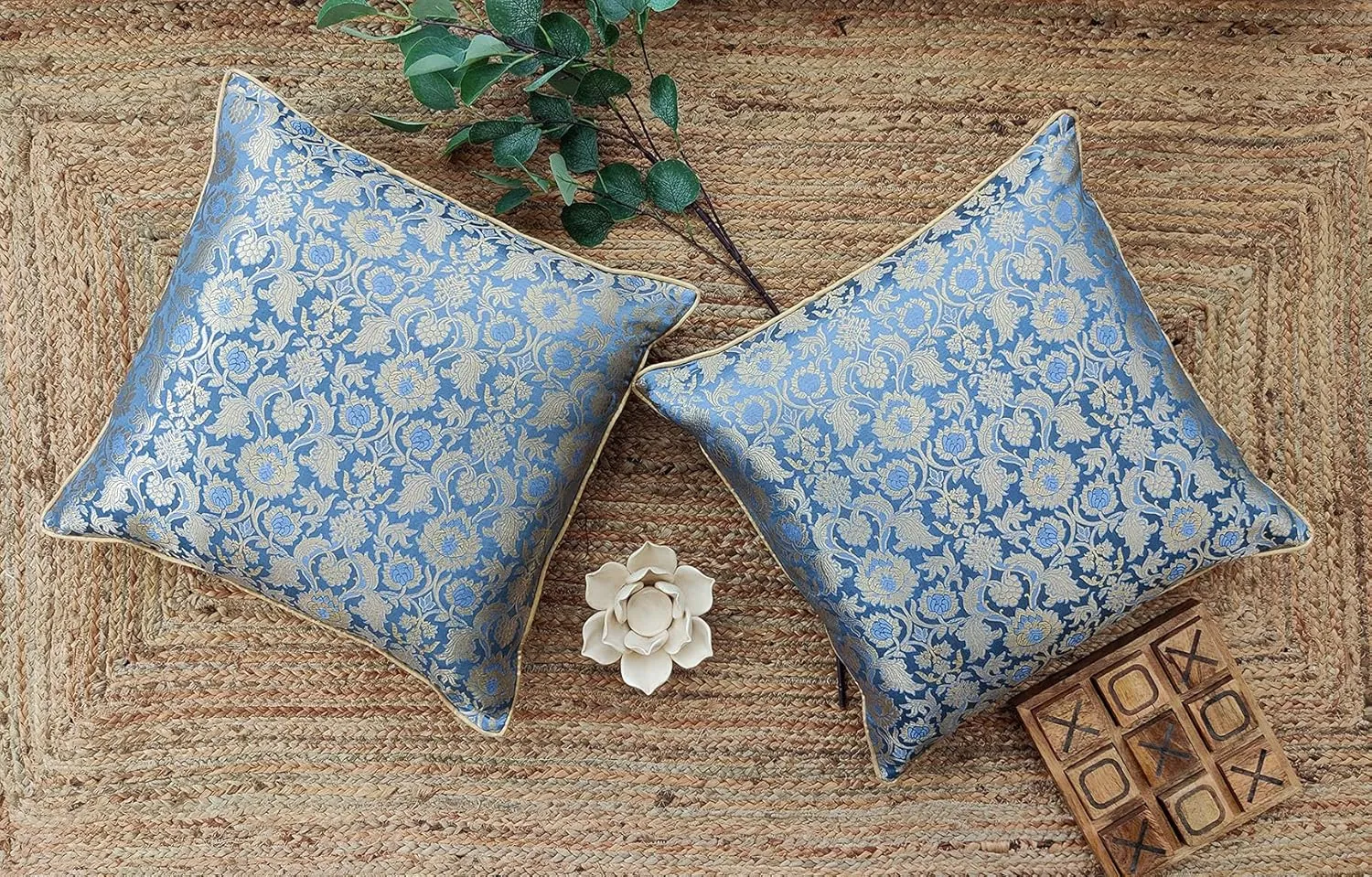 AVKA Studio Craftbot Bluish Grey Throw Pillow Covers - Pack of 2 Faux Silk Damask Decorative Pillows - 16X16 Inch - Indian Jacquard Cushion Cover - Cover Only