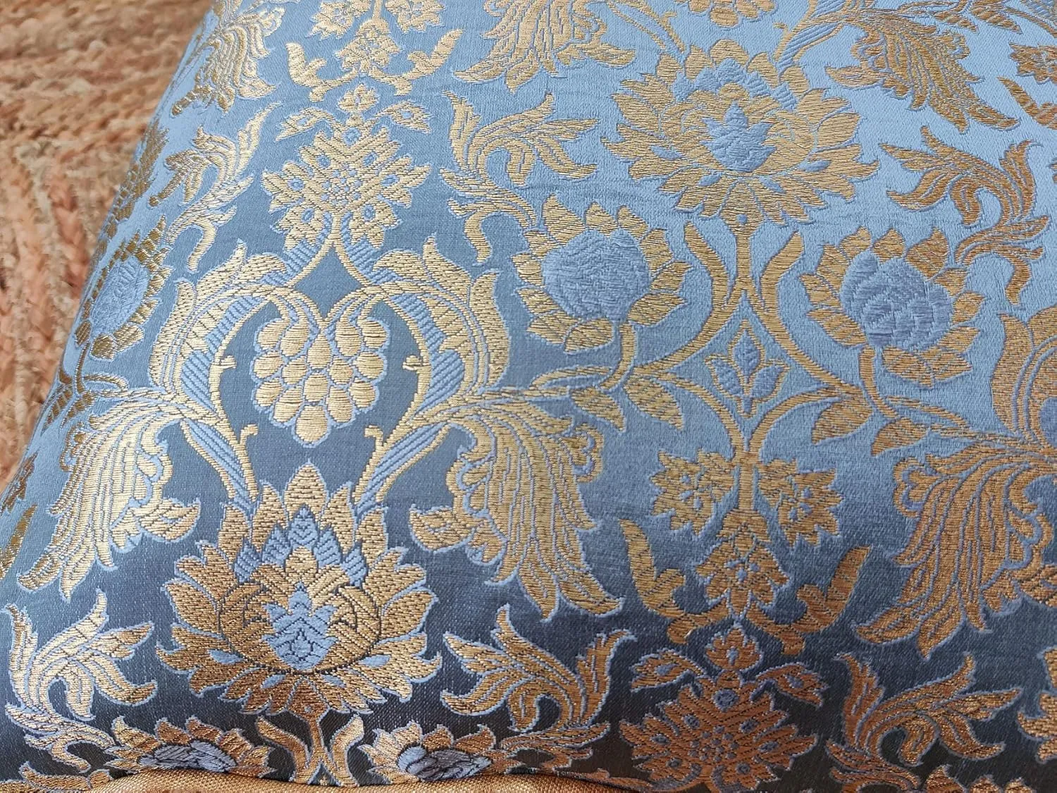 AVKA Studio Craftbot Bluish Grey Throw Pillow Covers - Pack of 2 Faux Silk Damask Decorative Pillows - 16X16 Inch - Indian Jacquard Cushion Cover - Cover Only