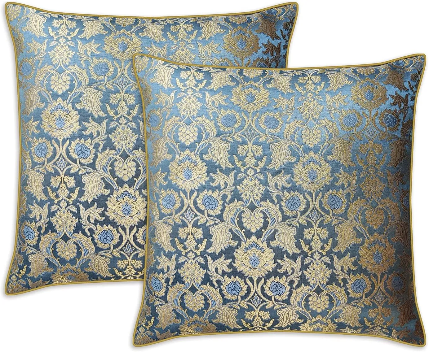 AVKA Studio Craftbot Bluish Grey Throw Pillow Covers - Pack of 2 Faux Silk Damask Decorative Pillows - 16X16 Inch - Indian Jacquard Cushion Cover - Cover Only