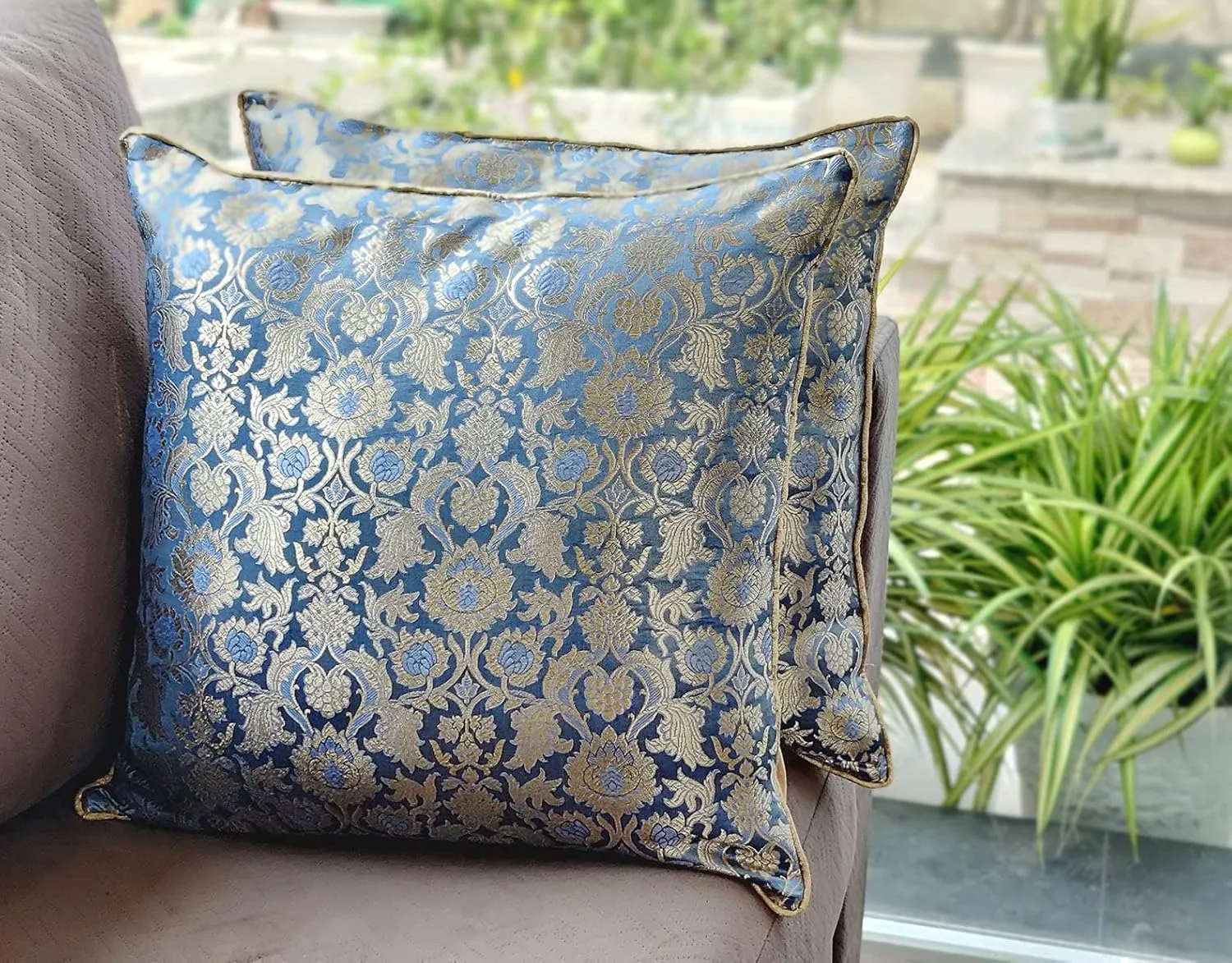 AVKA Studio Craftbot Bluish Grey Throw Pillow Covers - Pack of 2 Faux Silk Damask Decorative Pillows - 16X16 Inch - Indian Jacquard Cushion Cover - Cover Only