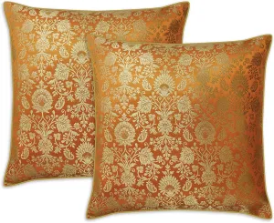 AVKA Studio Craftbot Damask Throw Pillow Covers - Pack of 2 Faux Silk Brocade Decorative Pillows - 16x16 Inch - Dull Orange Gold - Indian Cushion Cover-Cover Only