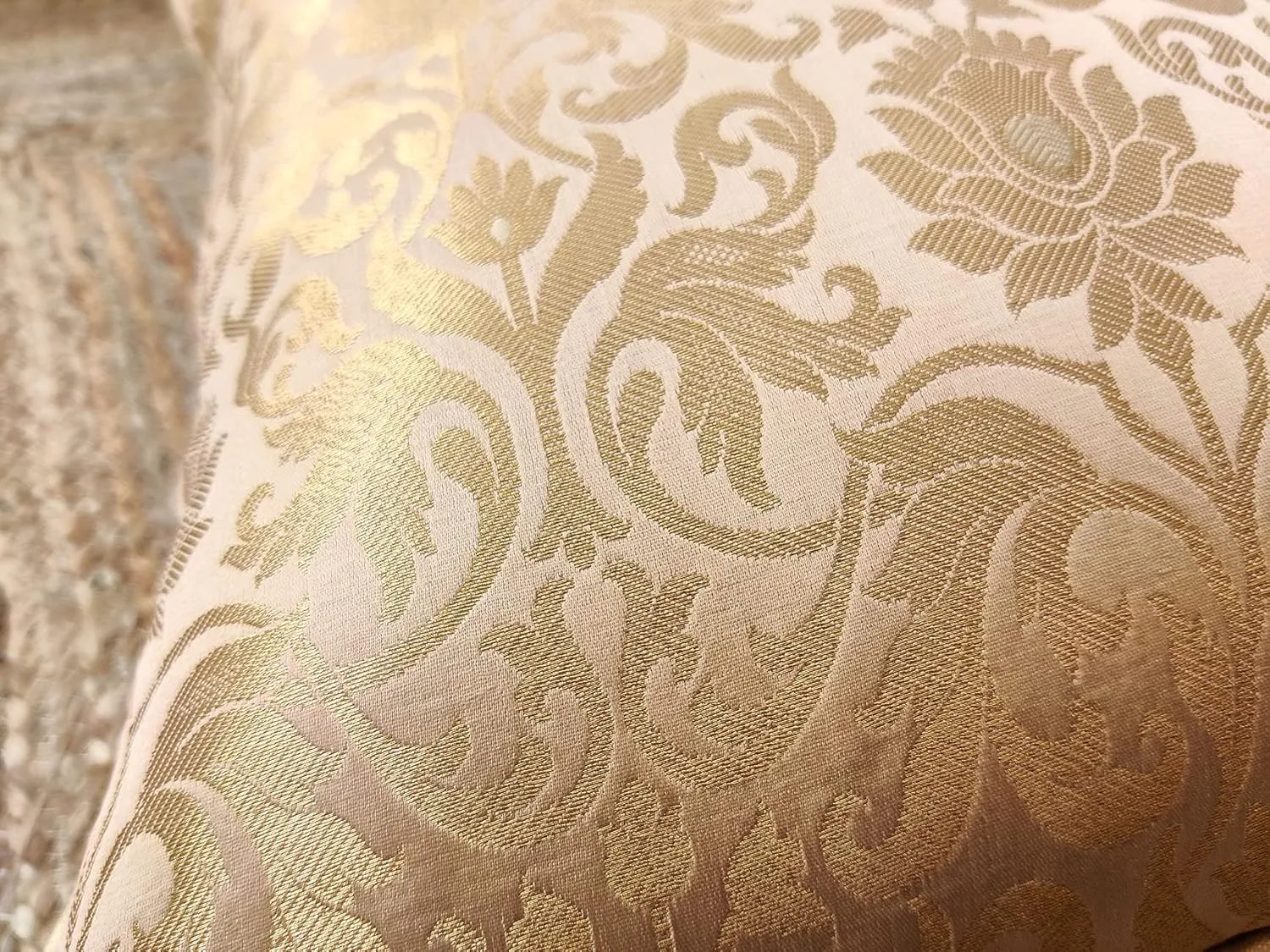AVKA Studio Craftbot Damask Throw Pillow Covers - Pack of 2 Faux Silk Brocade Decorative Pillows - Beige Gold 16X16 Inch- Indian Jacquard Cushion Cover-Cover Only