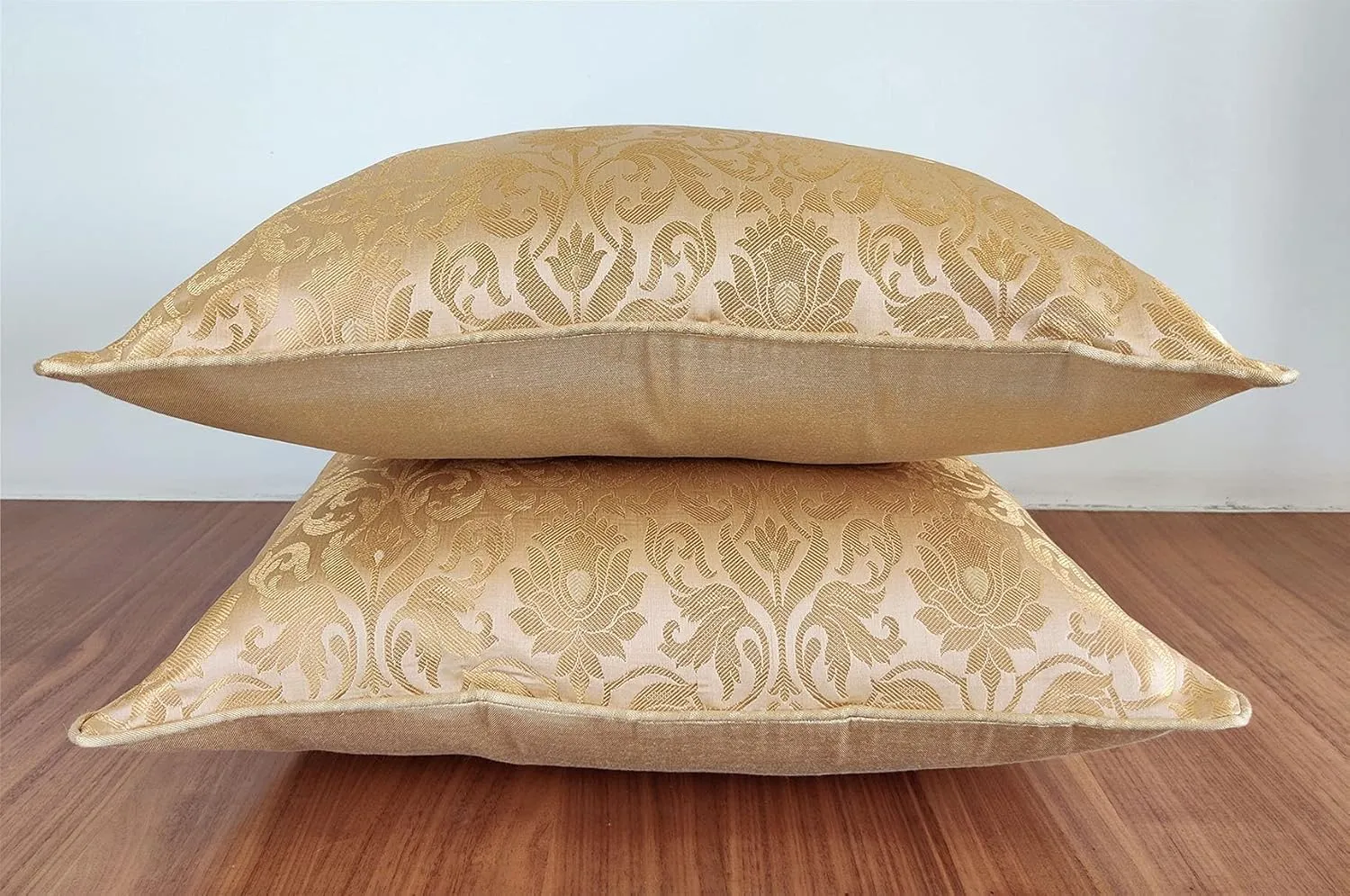 AVKA Studio Craftbot Damask Throw Pillow Covers - Pack of 2 Faux Silk Brocade Decorative Pillows - Beige Gold 16X16 Inch- Indian Jacquard Cushion Cover-Cover Only