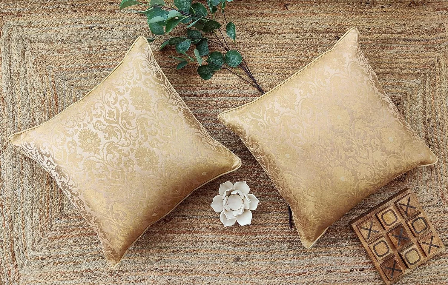 AVKA Studio Craftbot Damask Throw Pillow Covers - Pack of 2 Faux Silk Brocade Decorative Pillows - Beige Gold 16X16 Inch- Indian Jacquard Cushion Cover-Cover Only