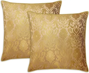 AVKA Studio Craftbot Damask Throw Pillow Covers - Pack of 2 Faux Silk Brocade Decorative Pillows - Beige Gold 16X16 Inch- Indian Jacquard Cushion Cover-Cover Only
