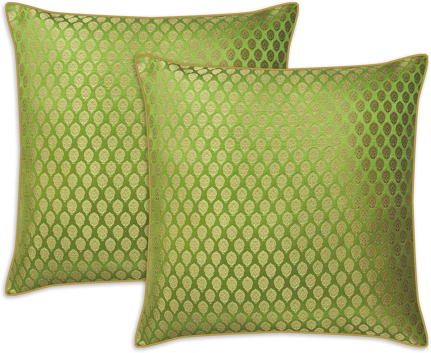 AVKA Studio Craftbot Damask Throw Pillow Covers - Pack of 2 Faux Silk Brocade Decorative Pillows - Light Green Gold 16X16 Inch- Indian Jacquard Cover-Cover Only