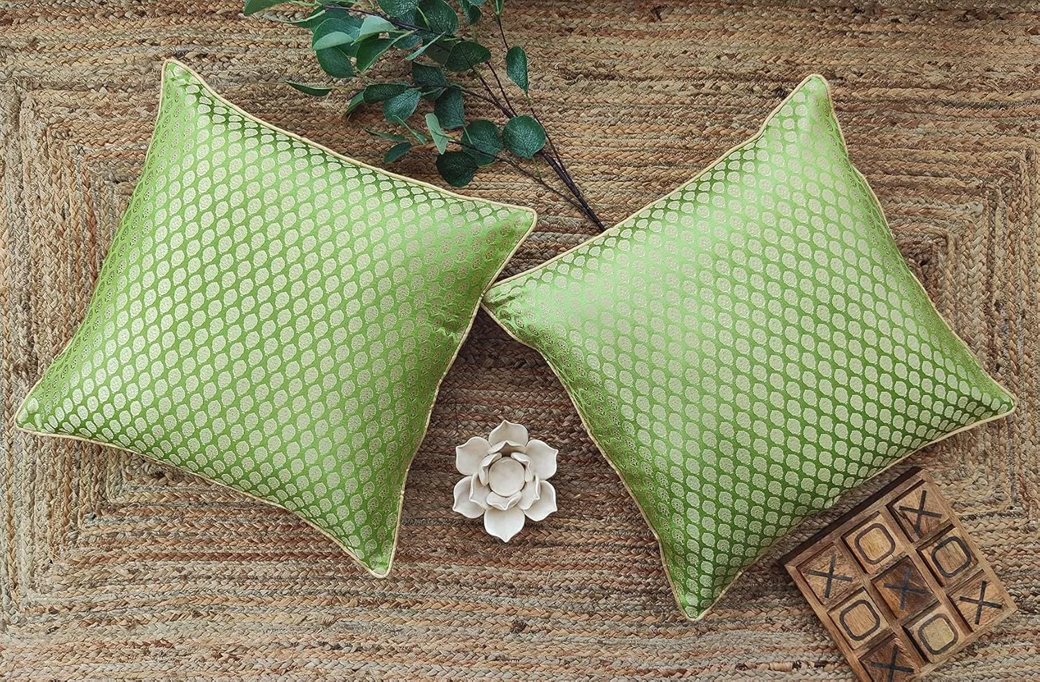 AVKA Studio Craftbot Damask Throw Pillow Covers - Pack of 2 Faux Silk Brocade Decorative Pillows - Light Green Gold 16X16 Inch- Indian Jacquard Cover-Cover Only