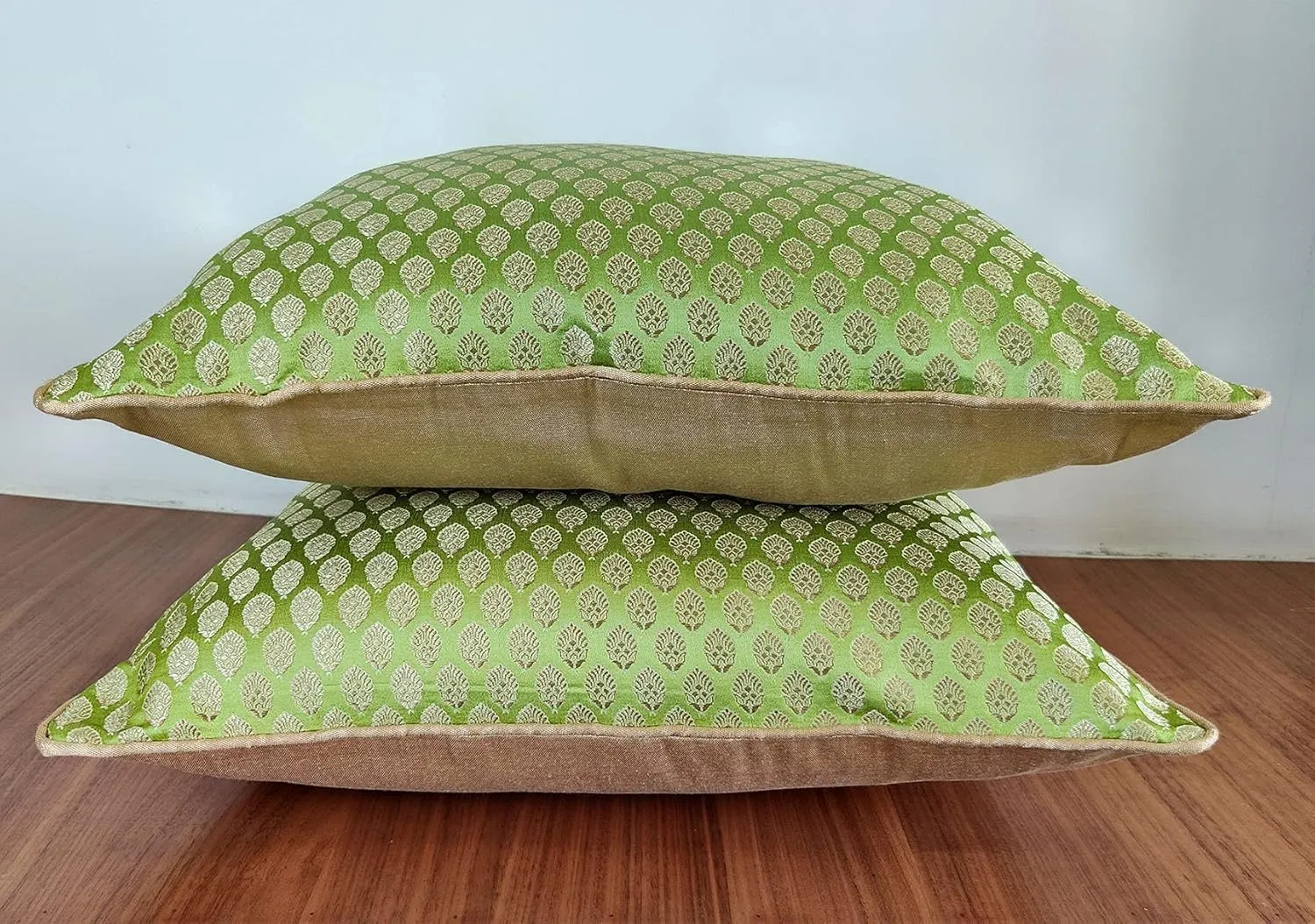 AVKA Studio Craftbot Damask Throw Pillow Covers - Pack of 2 Faux Silk Brocade Decorative Pillows - Light Green Gold 16X16 Inch- Indian Jacquard Cover-Cover Only