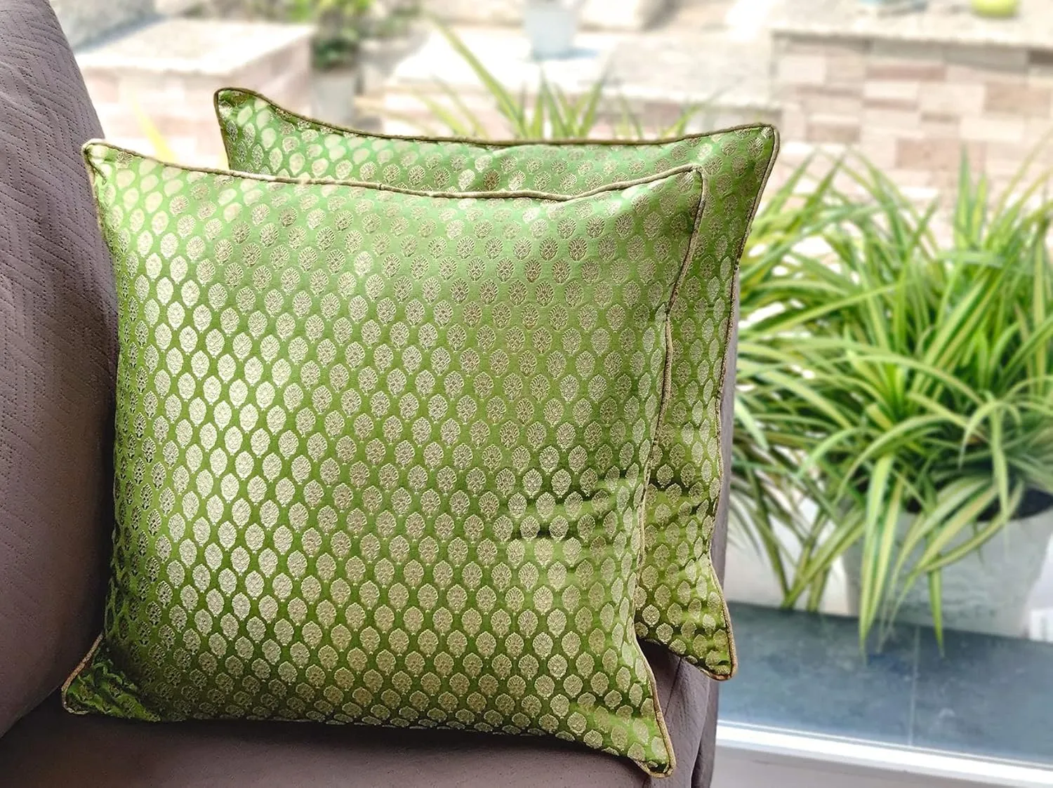 AVKA Studio Craftbot Damask Throw Pillow Covers - Pack of 2 Faux Silk Brocade Decorative Pillows - Light Green Gold 16X16 Inch- Indian Jacquard Cover-Cover Only