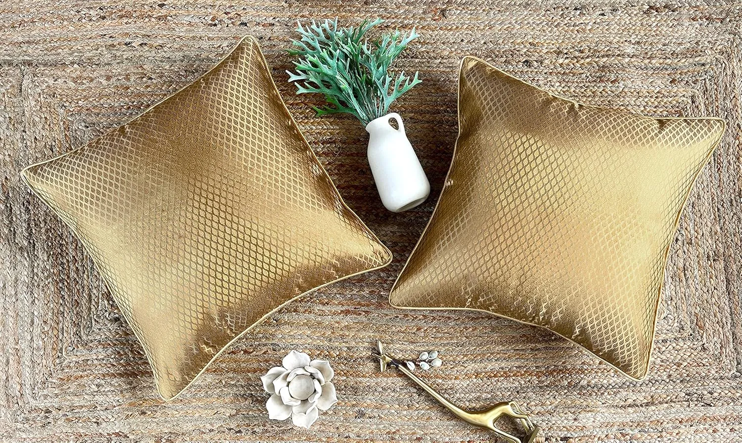 AVKA Studio Floral Throw Pillow Covers - Pack of 2 Brocade Decorative Pillows - Beige and Gold 16x16 Inch - Indian Jacquard Cushion Cover - Cover Only