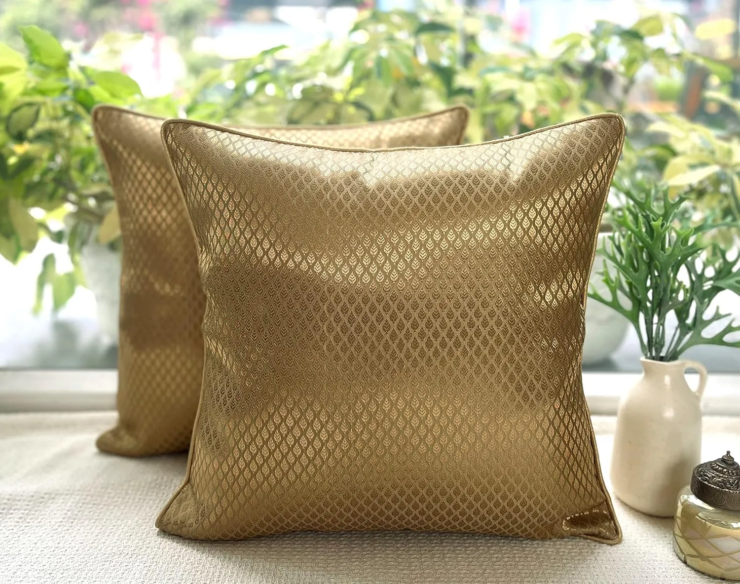 AVKA Studio Floral Throw Pillow Covers - Pack of 2 Brocade Decorative Pillows - Beige and Gold 16x16 Inch - Indian Jacquard Cushion Cover - Cover Only