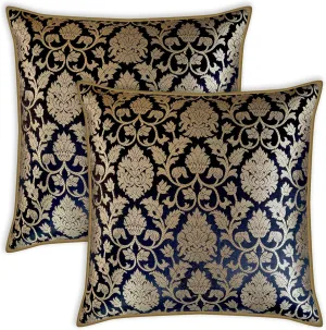 AVKA Studio Floral Throw Pillow Covers - Pack of 2 Brocade Decorative Pillows - Black & Gold 20X20 - Indian Faux Silk Jacquard Cushion Cover - Cover Only