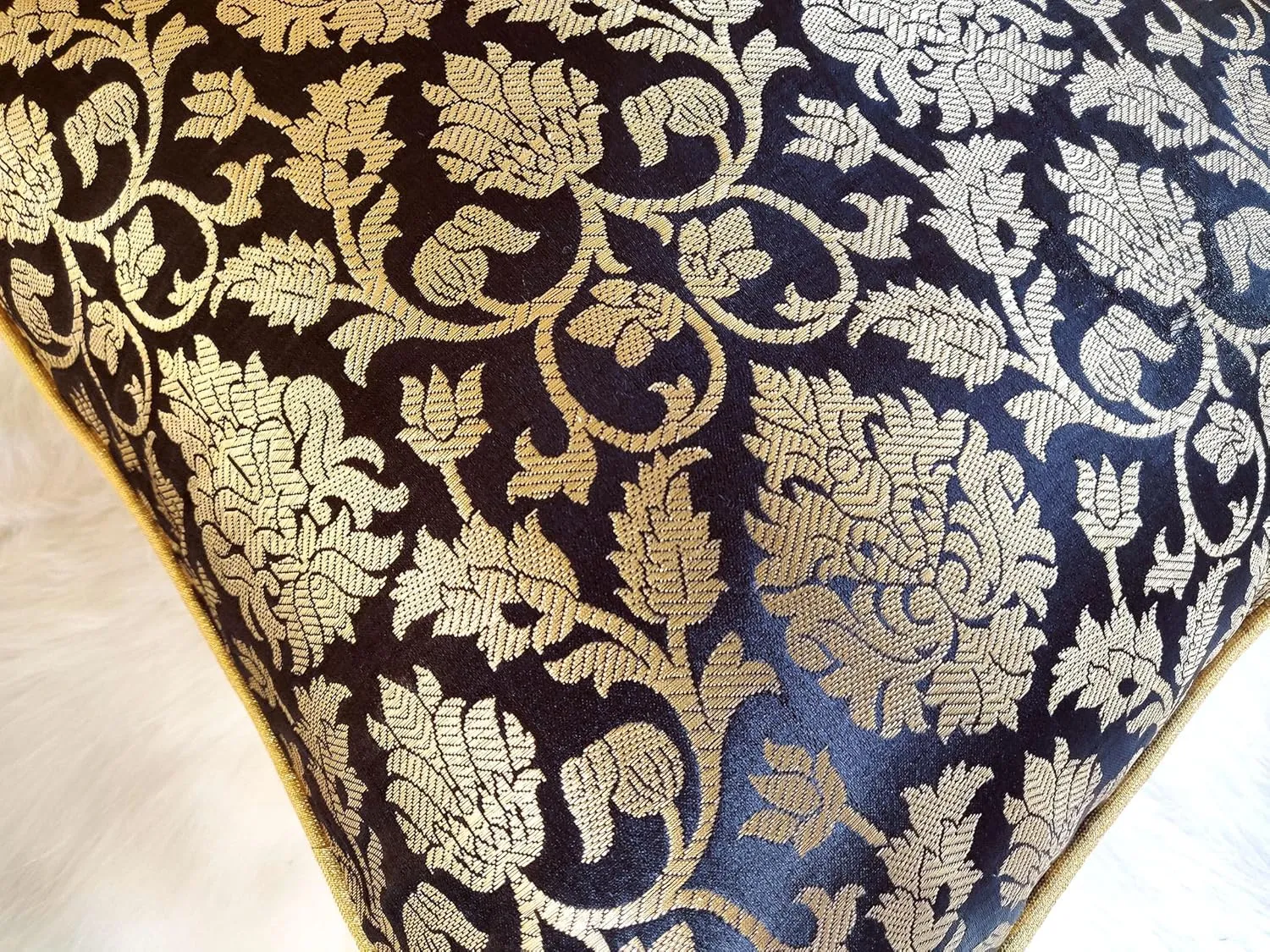 AVKA Studio Floral Throw Pillow Covers - Pack of 2 Brocade Decorative Pillows - Black & Gold 20X20 - Indian Faux Silk Jacquard Cushion Cover - Cover Only