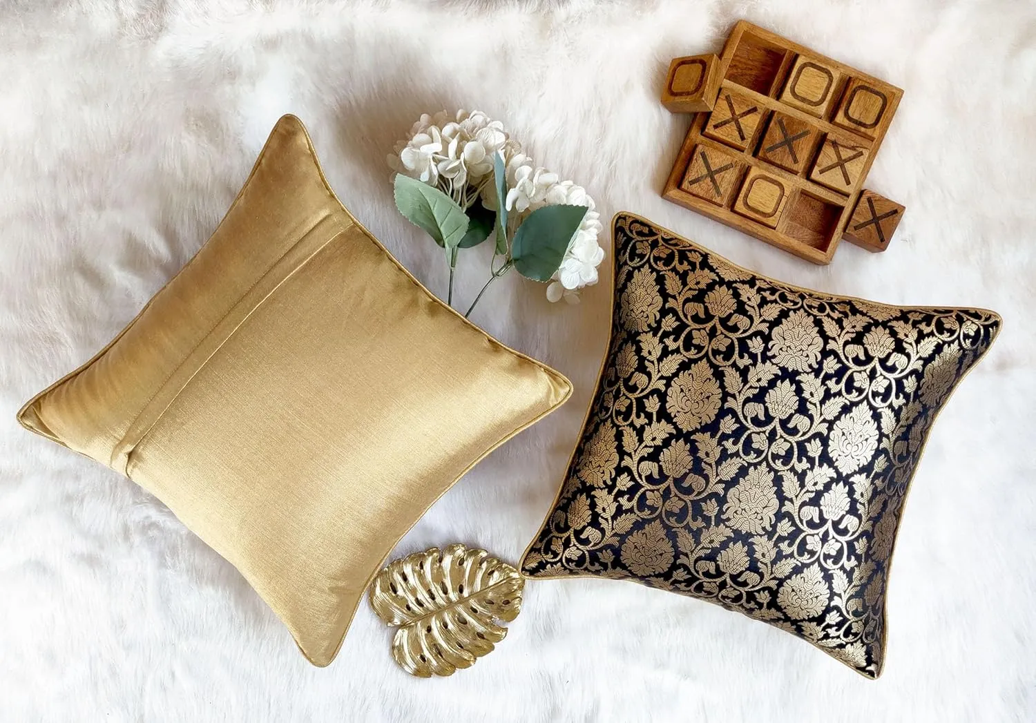 AVKA Studio Floral Throw Pillow Covers - Pack of 2 Brocade Decorative Pillows - Black & Gold 20X20 - Indian Faux Silk Jacquard Cushion Cover - Cover Only