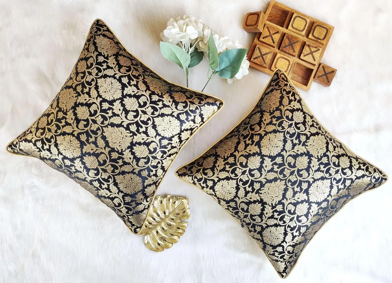 AVKA Studio Floral Throw Pillow Covers - Pack of 2 Brocade Decorative Pillows - Black & Gold 20X20 - Indian Faux Silk Jacquard Cushion Cover - Cover Only
