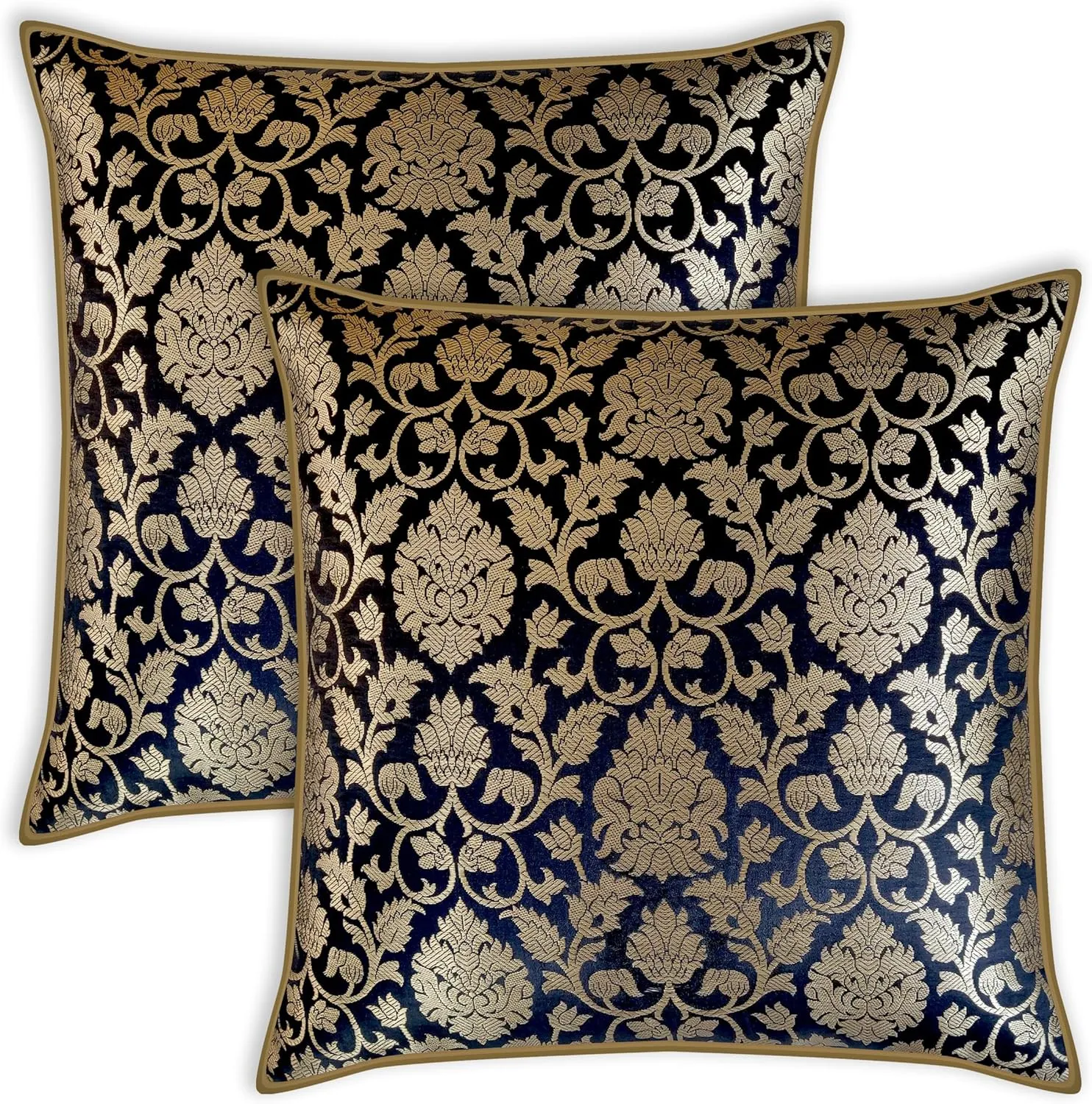 AVKA Studio Floral Throw Pillow Covers - Pack of 2 Brocade Decorative Pillows - Black & Gold 20X20 - Indian Faux Silk Jacquard Cushion Cover - Cover Only