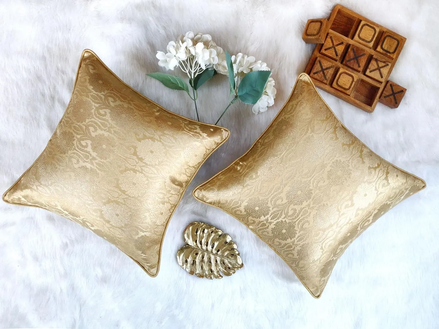 AVKA Studio Throw Pillow Covers - Pack of 2 Floral Brocade Decorative Pillows - Beige & Gold 20X20 - Indian Faux Silk Jacquard Cushion Cover - Cover Only