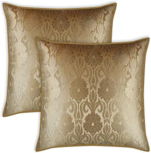 AVKA Studio Throw Pillow Covers - Pack of 2 Floral Brocade Decorative Pillows - Beige & Gold 20X20 - Indian Faux Silk Jacquard Cushion Cover - Cover Only
