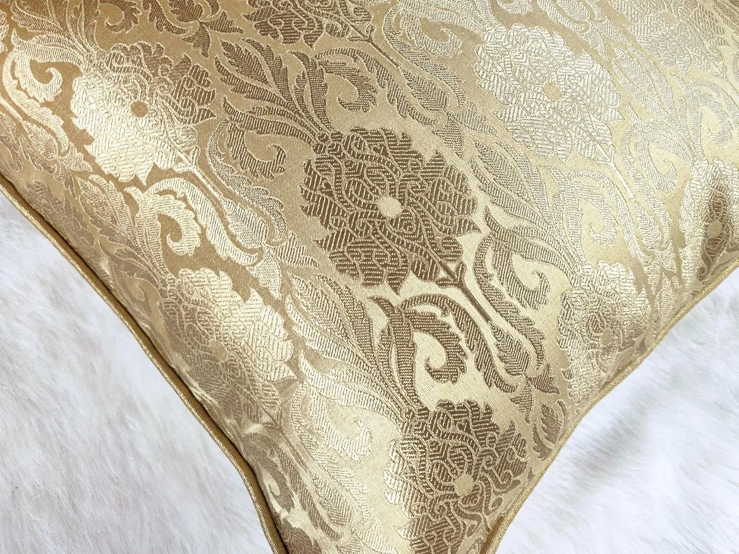AVKA Studio Throw Pillow Covers - Pack of 2 Floral Brocade Decorative Pillows - Beige & Gold 20X20 - Indian Faux Silk Jacquard Cushion Cover - Cover Only