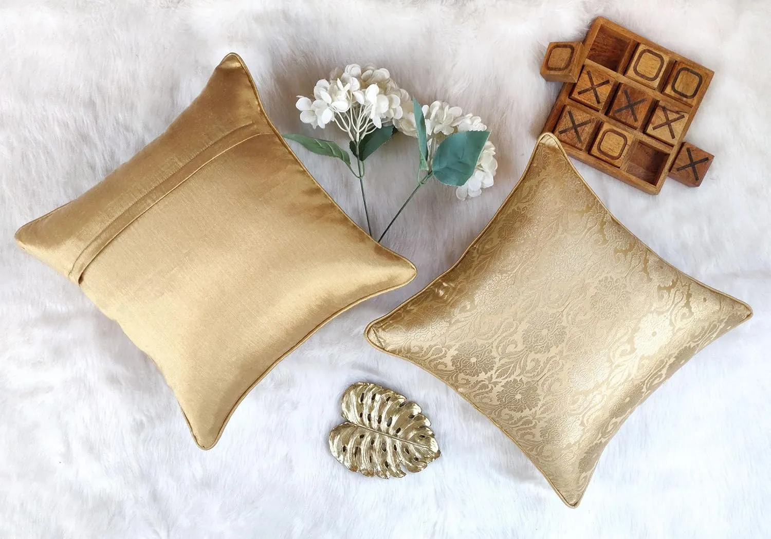 AVKA Studio Throw Pillow Covers - Pack of 2 Floral Brocade Decorative Pillows - Beige & Gold 20X20 - Indian Faux Silk Jacquard Cushion Cover - Cover Only