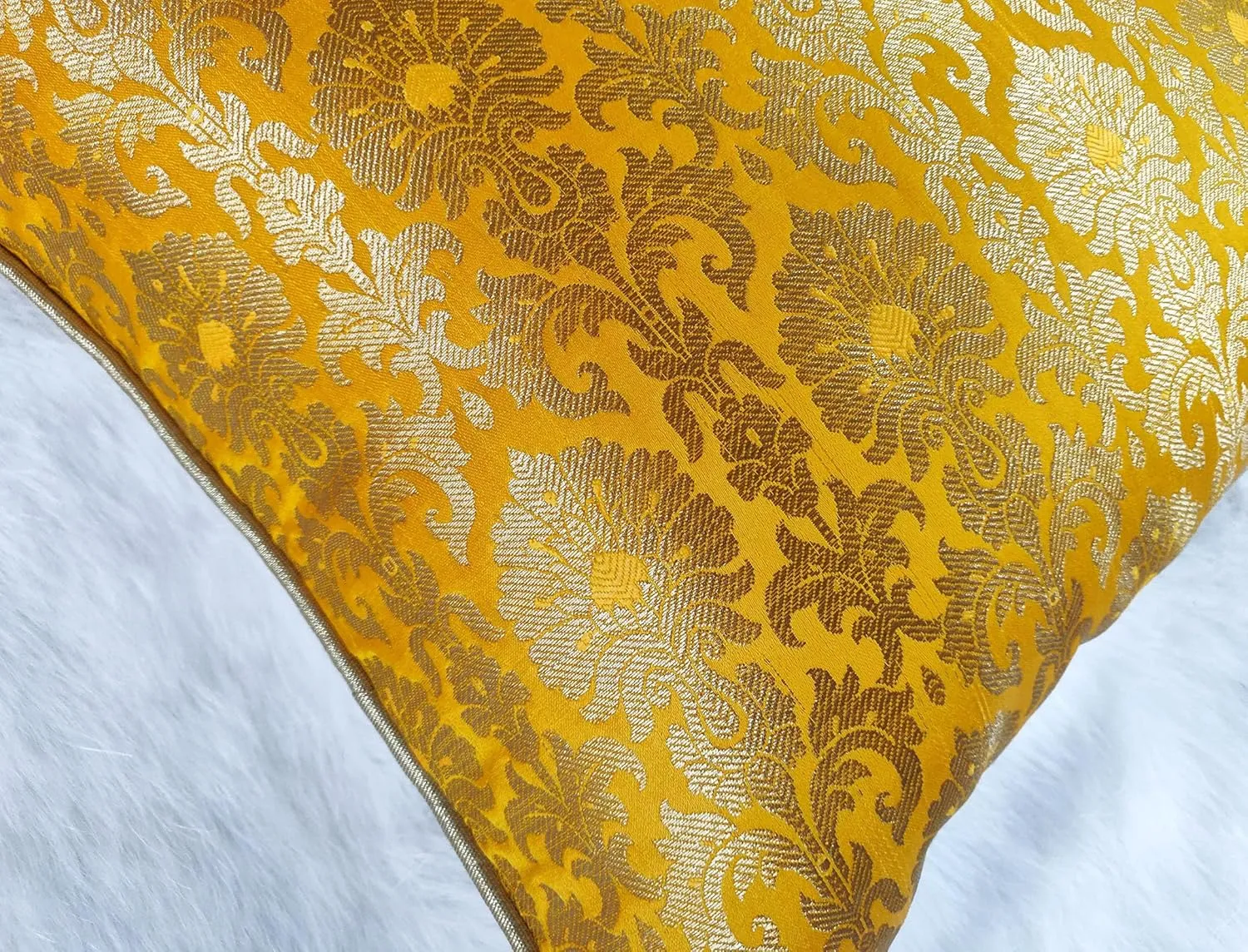 AVKA Studio Throw Pillow Covers - Pack of 2 Floral Brocade Decorative Pillows - Golden Yellow & Gold 20X20 - Indian Faux Silk Jacquard Cushion Cover - Cover Only