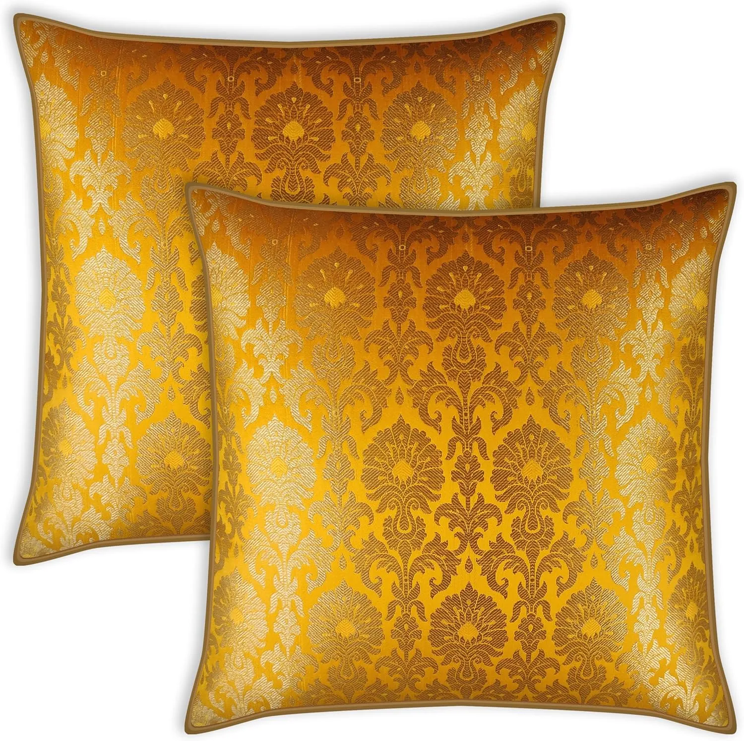 AVKA Studio Throw Pillow Covers - Pack of 2 Floral Brocade Decorative Pillows - Golden Yellow & Gold 20X20 - Indian Faux Silk Jacquard Cushion Cover - Cover Only