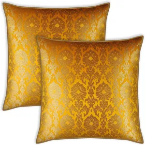 AVKA Studio Throw Pillow Covers - Pack of 2 Floral Brocade Decorative Pillows - Golden Yellow & Gold 20X20 - Indian Faux Silk Jacquard Cushion Cover - Cover Only