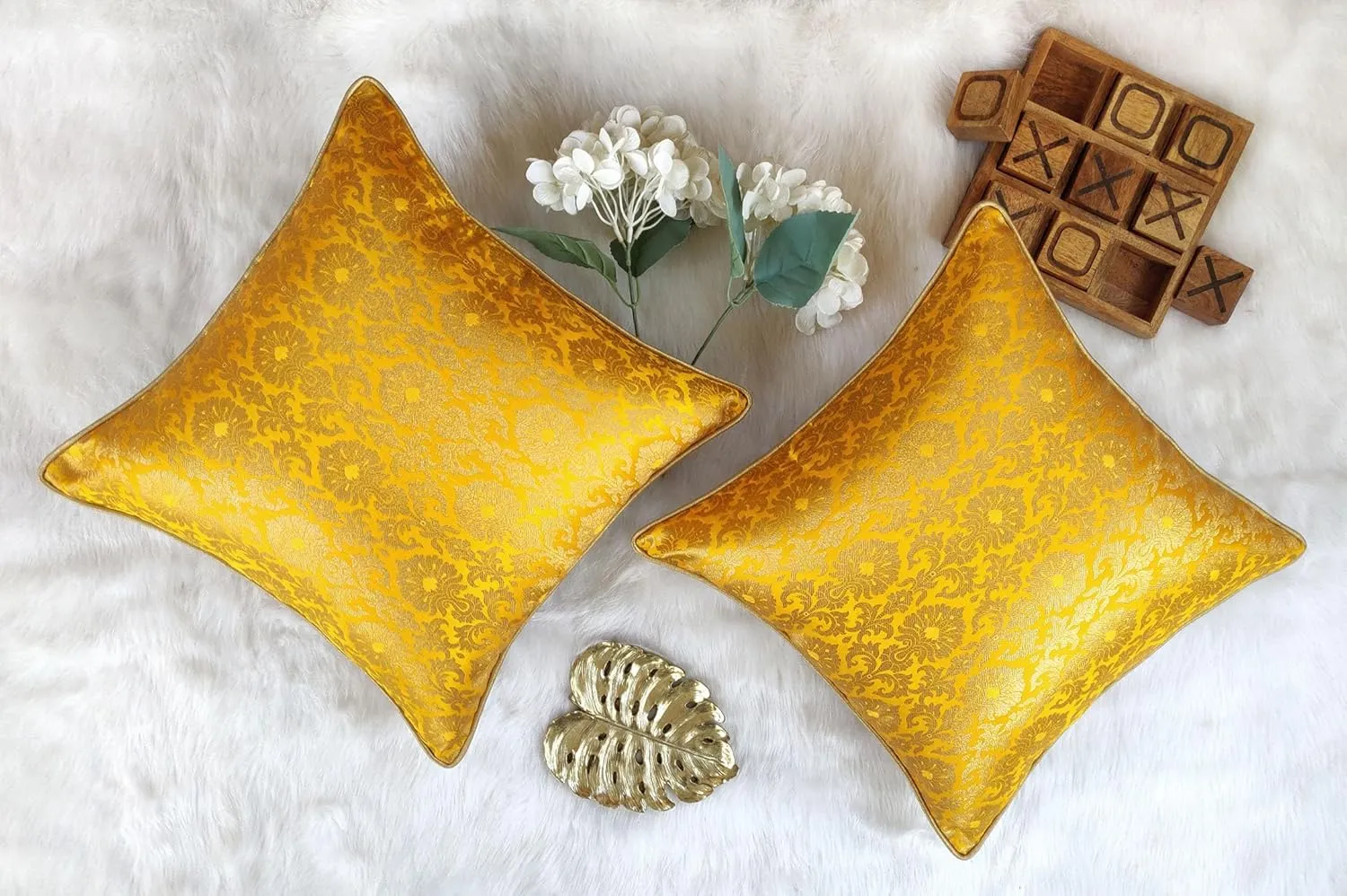 AVKA Studio Throw Pillow Covers - Pack of 2 Floral Brocade Decorative Pillows - Golden Yellow & Gold 20X20 - Indian Faux Silk Jacquard Cushion Cover - Cover Only