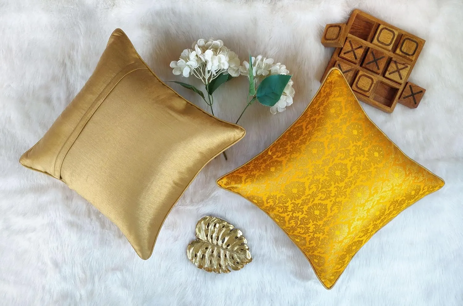 AVKA Studio Throw Pillow Covers - Pack of 2 Floral Brocade Decorative Pillows - Golden Yellow & Gold 20X20 - Indian Faux Silk Jacquard Cushion Cover - Cover Only