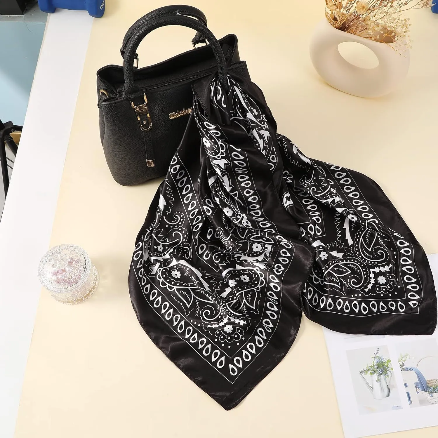 AWAYTR 35” Large Square Satin Head Scarf - 3Pcs Satin Hair Scarves Silk Bandana Scarf Headscarf Silk Feeling Scarf for Women
