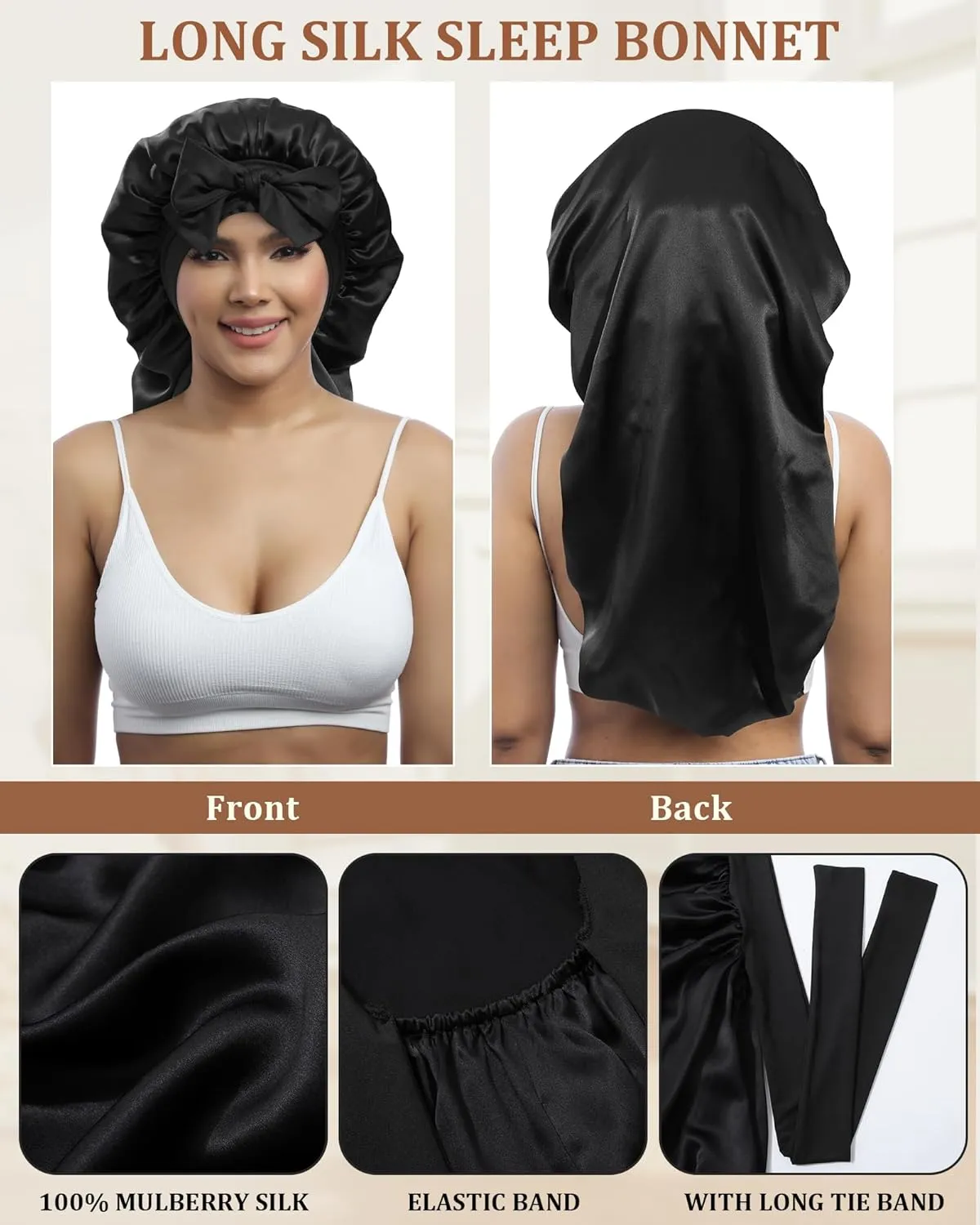 AWAYTR Long Silk Bonnet for Sleeping - 100% Mulberry Silk Bonnet for Women Long Hair Sleep Cap with Elastic Tie Band (Black)