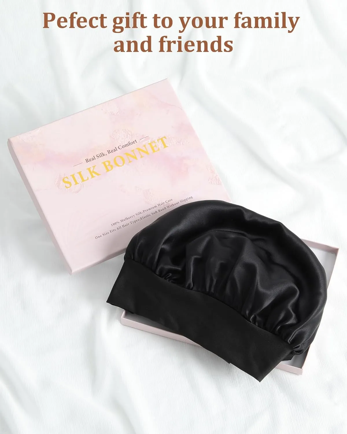AWAYTR Long Silk Bonnet for Sleeping - 100% Mulberry Silk Bonnet for Women Long Hair Sleep Cap with Elastic Tie Band (Black)