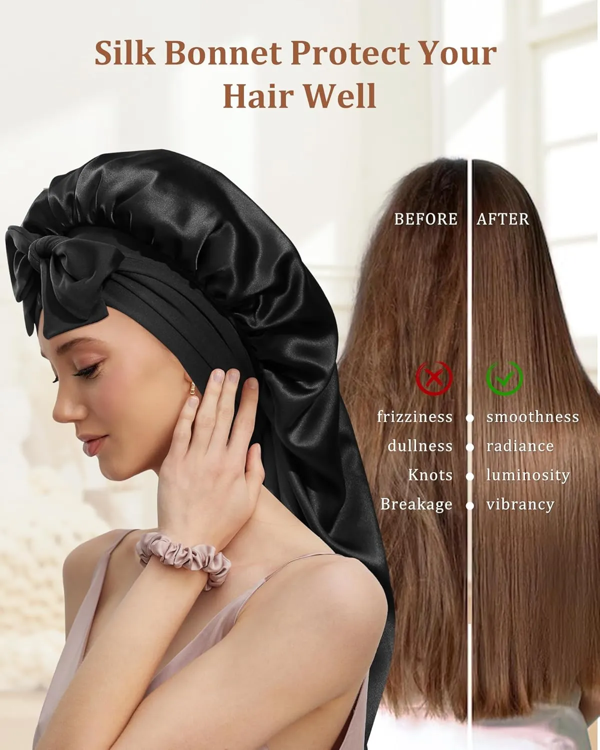 AWAYTR Long Silk Bonnet for Sleeping - 100% Mulberry Silk Bonnet for Women Long Hair Sleep Cap with Elastic Tie Band (Black)