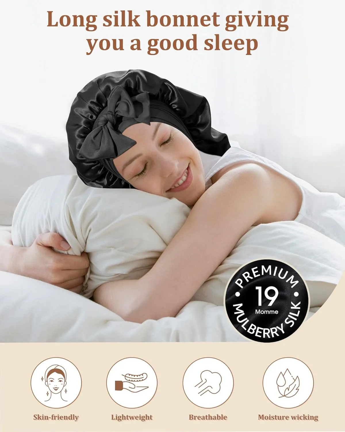 AWAYTR Long Silk Bonnet for Sleeping - 100% Mulberry Silk Bonnet for Women Long Hair Sleep Cap with Elastic Tie Band (Black)