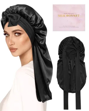 AWAYTR Long Silk Bonnet for Sleeping - 100% Mulberry Silk Bonnet for Women Long Hair Sleep Cap with Elastic Tie Band (Black)