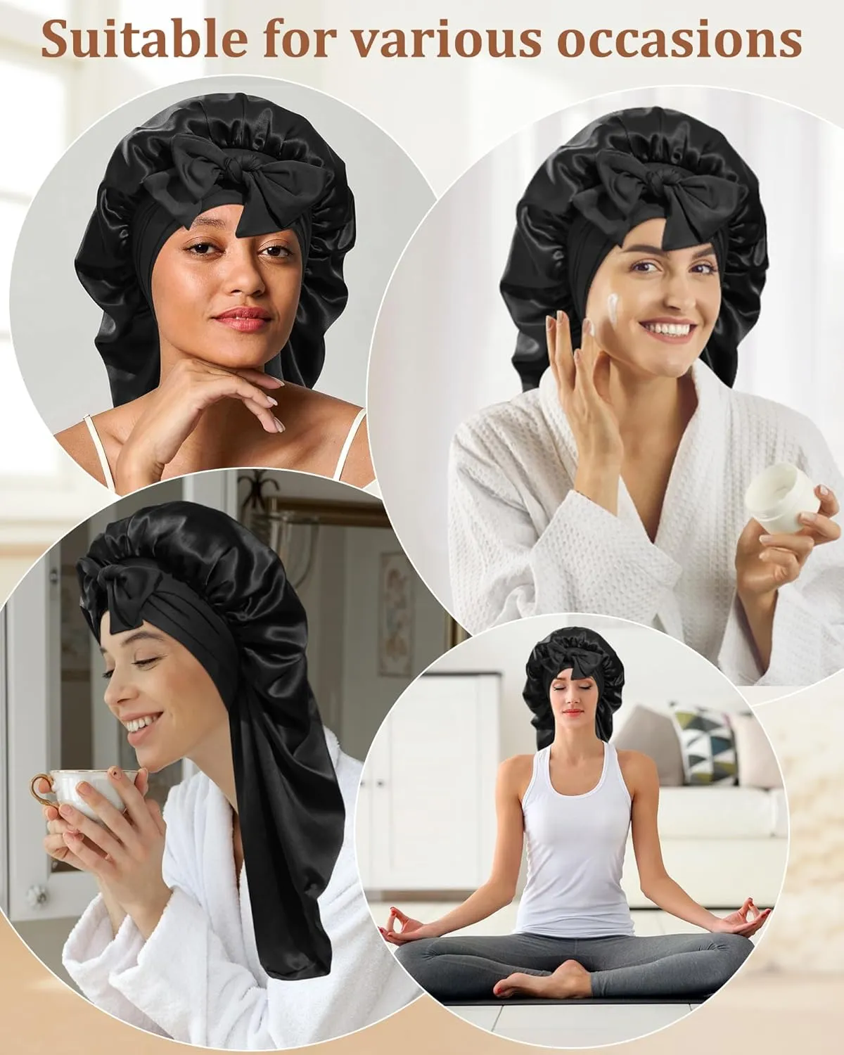 AWAYTR Long Silk Bonnet for Sleeping - 100% Mulberry Silk Bonnet for Women Long Hair Sleep Cap with Elastic Tie Band (Black)