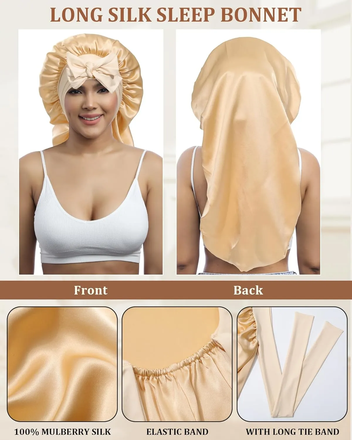 AWAYTR Long Silk Bonnet for Sleeping - 100% Mulberry Silk Bonnet for Women Long Hair Sleep Cap with Elastic Tie Band (Champagne)
