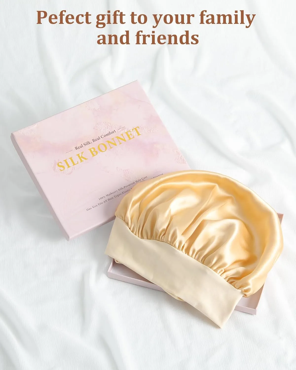 AWAYTR Long Silk Bonnet for Sleeping - 100% Mulberry Silk Bonnet for Women Long Hair Sleep Cap with Elastic Tie Band (Champagne)