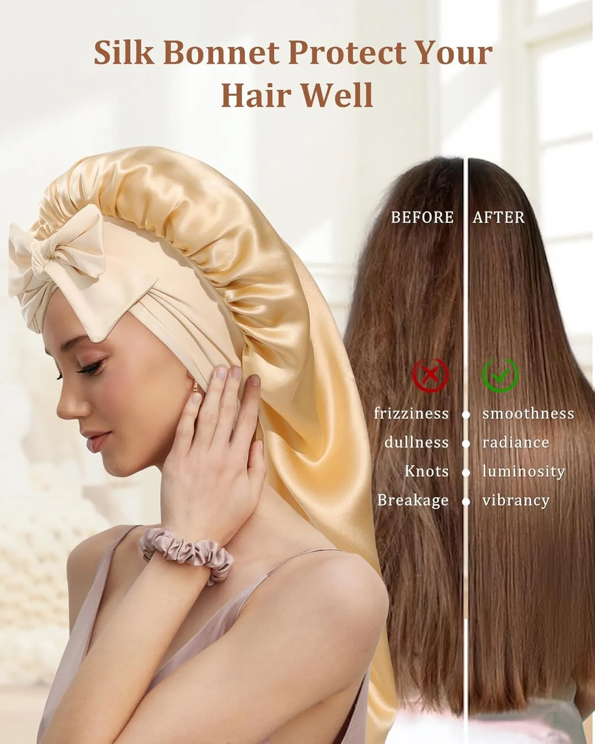 AWAYTR Long Silk Bonnet for Sleeping - 100% Mulberry Silk Bonnet for Women Long Hair Sleep Cap with Elastic Tie Band (Champagne)