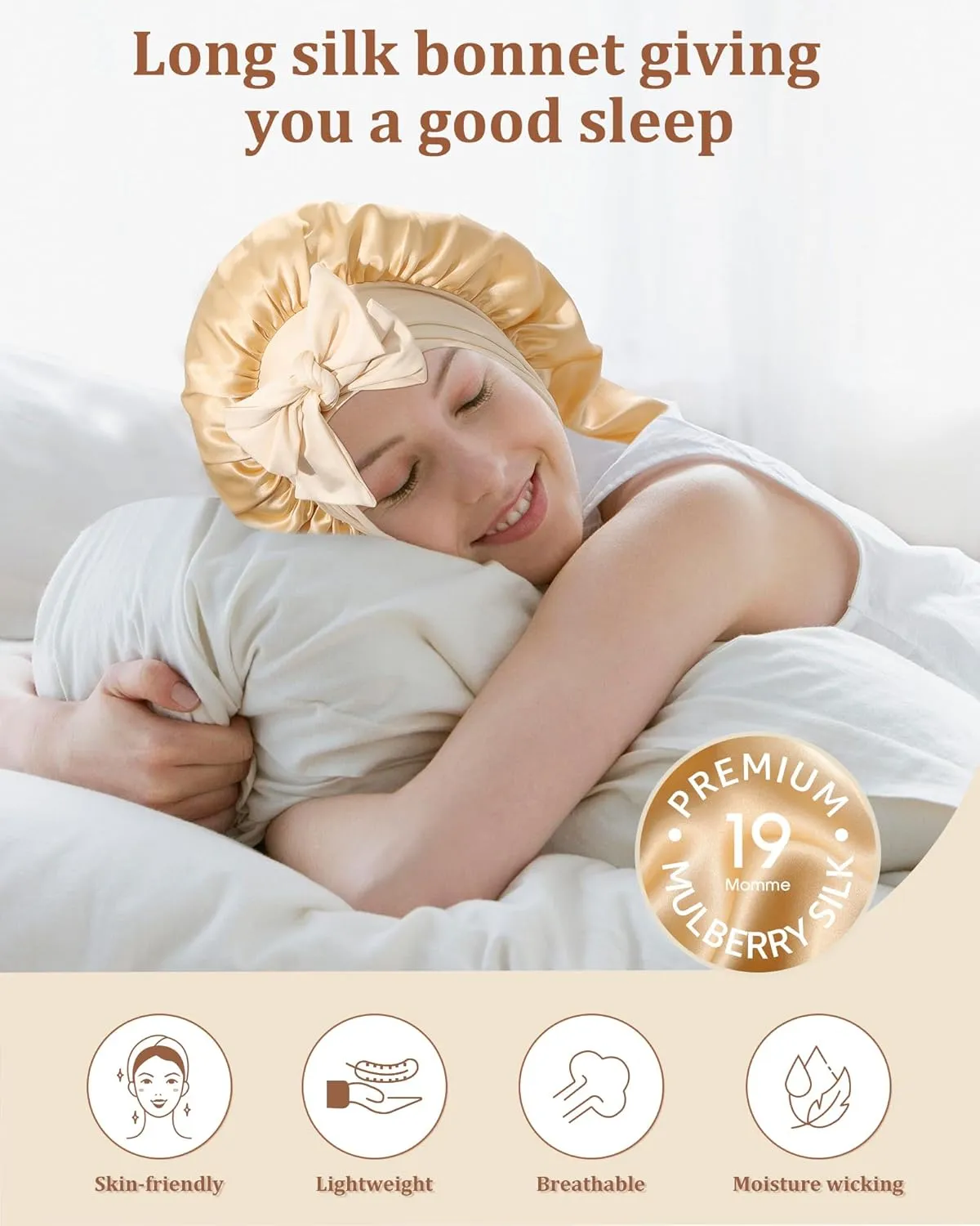 AWAYTR Long Silk Bonnet for Sleeping - 100% Mulberry Silk Bonnet for Women Long Hair Sleep Cap with Elastic Tie Band (Champagne)