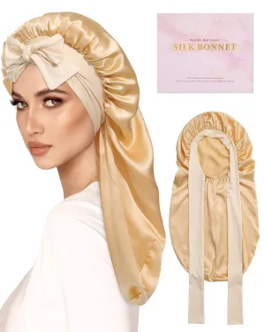 AWAYTR Long Silk Bonnet for Sleeping - 100% Mulberry Silk Bonnet for Women Long Hair Sleep Cap with Elastic Tie Band (Champagne)