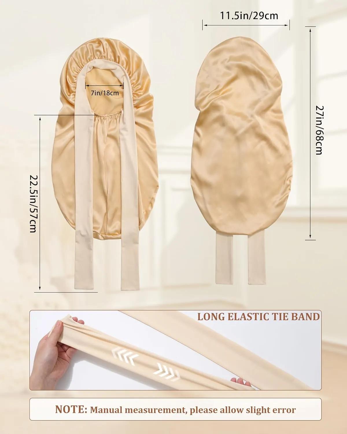 AWAYTR Long Silk Bonnet for Sleeping - 100% Mulberry Silk Bonnet for Women Long Hair Sleep Cap with Elastic Tie Band (Champagne)