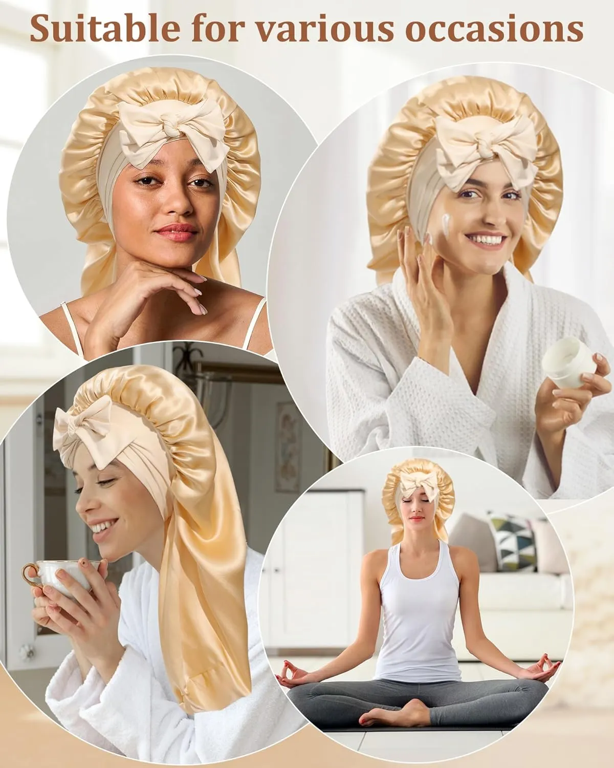 AWAYTR Long Silk Bonnet for Sleeping - 100% Mulberry Silk Bonnet for Women Long Hair Sleep Cap with Elastic Tie Band (Champagne)