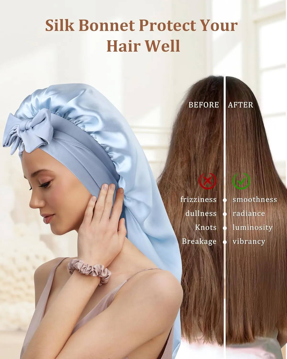 AWAYTR Long Silk Bonnet for Sleeping - 100% Mulberry Silk Bonnet for Women Long Hair Sleep Cap with Elastic Tie Band (Sky Blue)