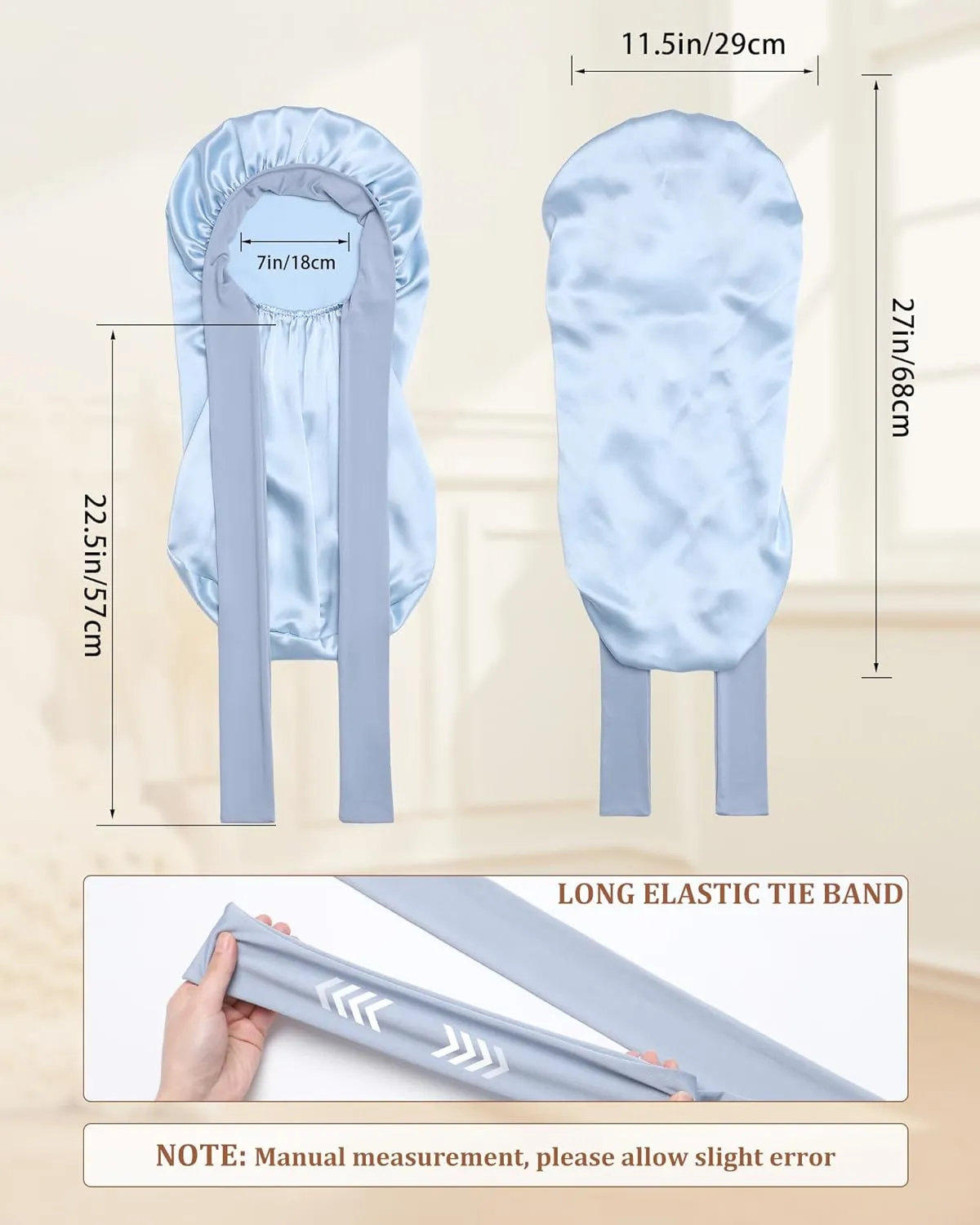 AWAYTR Long Silk Bonnet for Sleeping - 100% Mulberry Silk Bonnet for Women Long Hair Sleep Cap with Elastic Tie Band (Sky Blue)