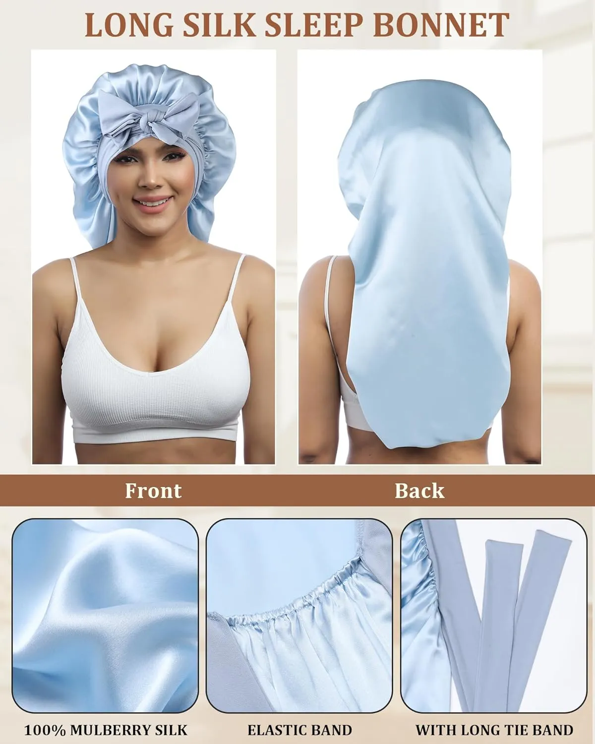 AWAYTR Long Silk Bonnet for Sleeping - 100% Mulberry Silk Bonnet for Women Long Hair Sleep Cap with Elastic Tie Band (Sky Blue)