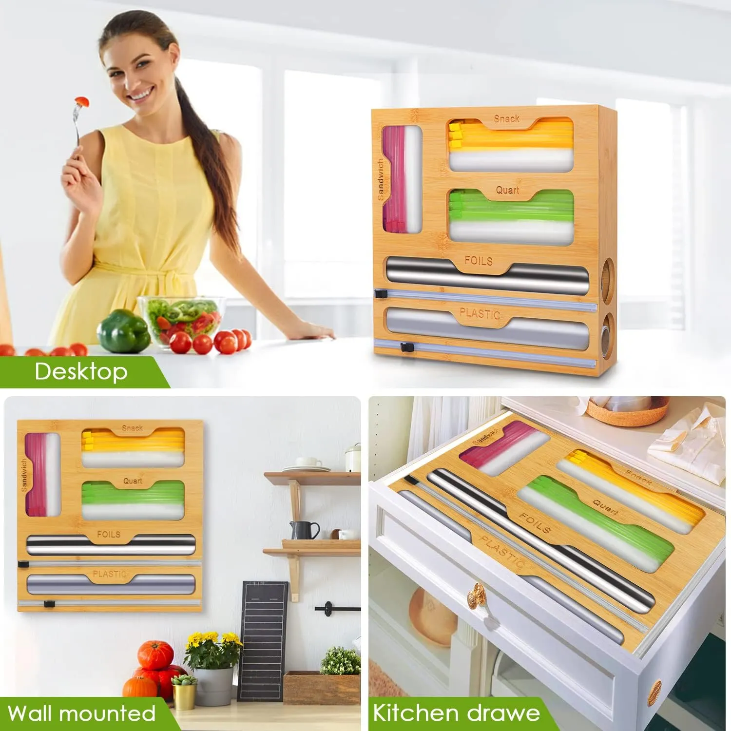 Bag Organizer for Drawer,100mboo Foil and Plastic Wrap Organizer,Plastic Wrap Dispenser with Cutter,Bag Holder-Compatible with Gallon Quart Snack & Sandwich Bag Organizer for Drawer(1 Box 5 Slots)