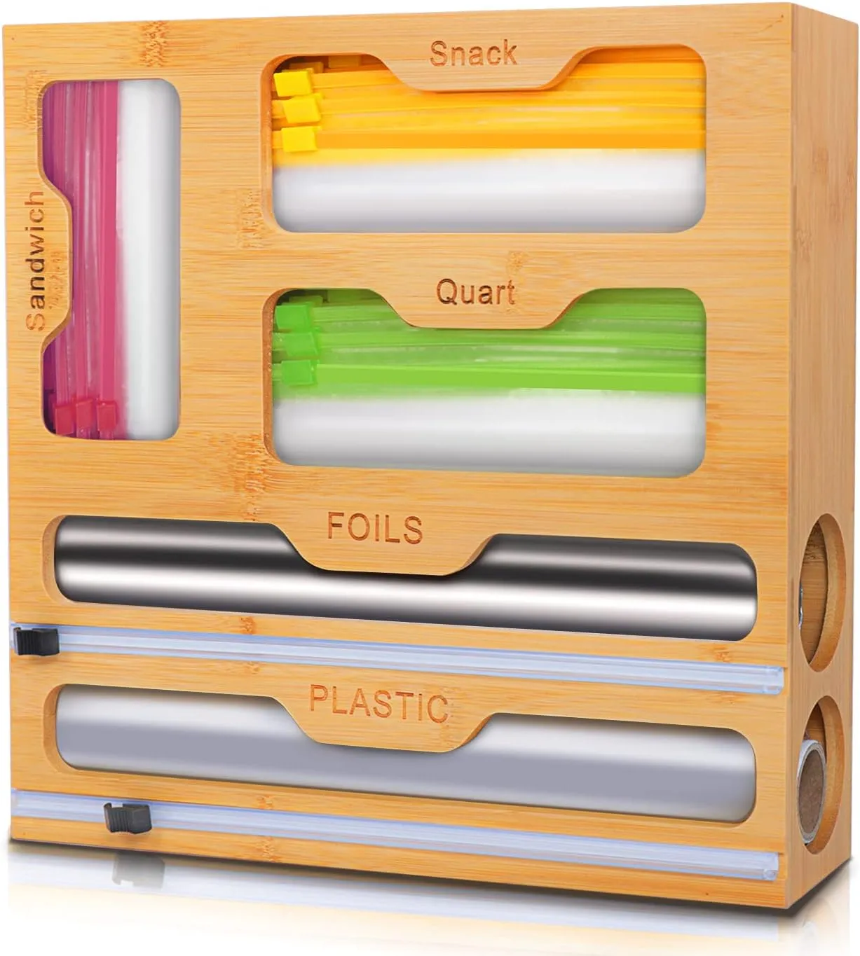 Bag Organizer for Drawer,100mboo Foil and Plastic Wrap Organizer,Plastic Wrap Dispenser with Cutter,Bag Holder-Compatible with Gallon Quart Snack & Sandwich Bag Organizer for Drawer(1 Box 5 Slots)